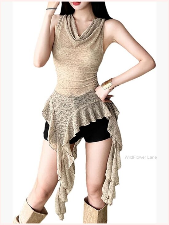 Tops - Sleeveless V-Neck Tank Top Asymmetrical Ruffle Hem Summer Blouse
